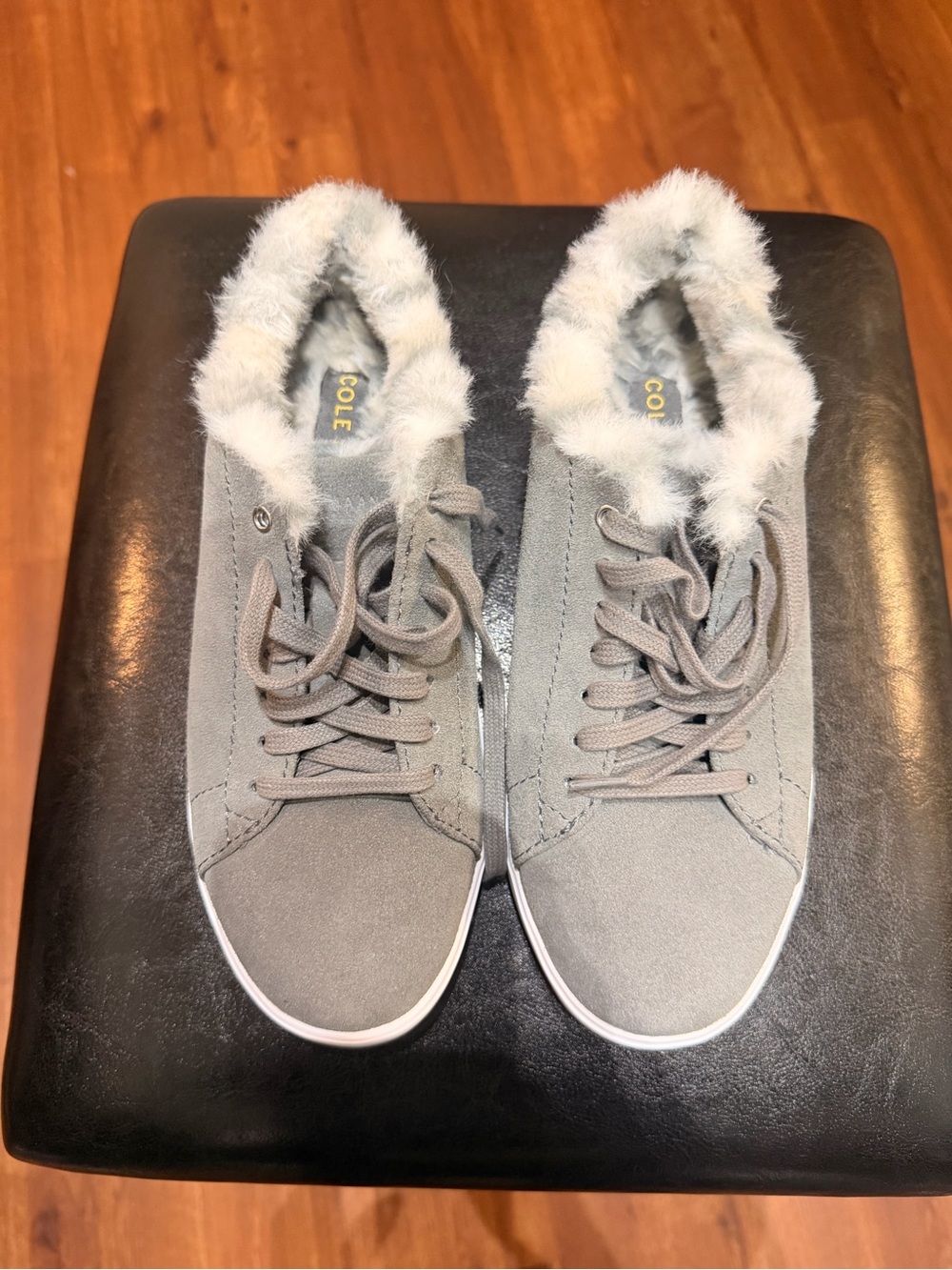 Cole Haan Light Gray Faux-Fur Trim Lace-Up Sneakers